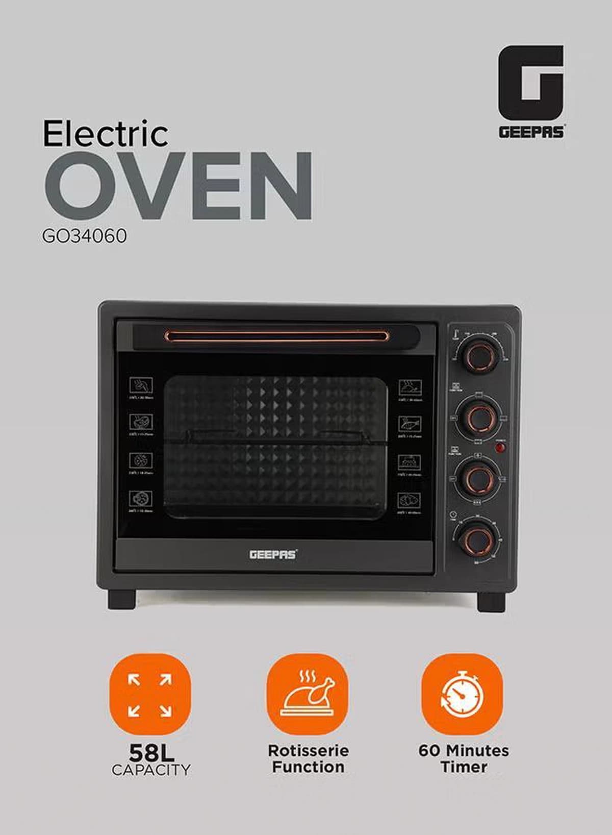 Geepas 58 L Electric Oven 2100 W | With Rotisserie, Convection Functions and Inner Lamp| Easy to Use Control Knobs, 2 Switch Heating Selector, Adjustable Temperature| Perfect for Baking, Roasting, Cooking Meat, Vegetables, Cakes, Etc| 2 Years Warranty 58 L 2100 W GO34060 Black-5-5