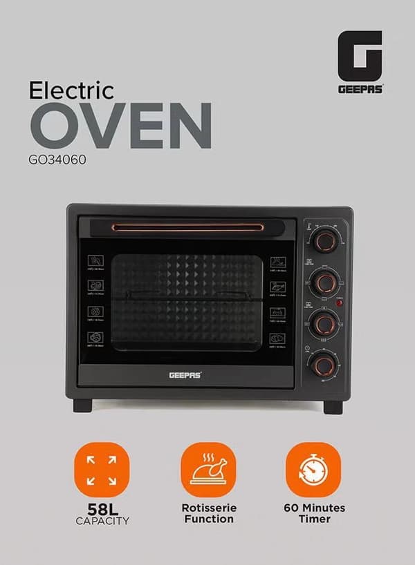 Geepas 58 L Electric Oven 2100 W | With Rotisserie, Convection Functions and Inner Lamp| Easy to Use Control Knobs, 2 Switch Heating Selector, Adjustable Temperature| Perfect for Baking, Roasting, Cooking Meat, Vegetables, Cakes, Etc| 2 Years Warranty 58 L 2100 W GO34060 Black
