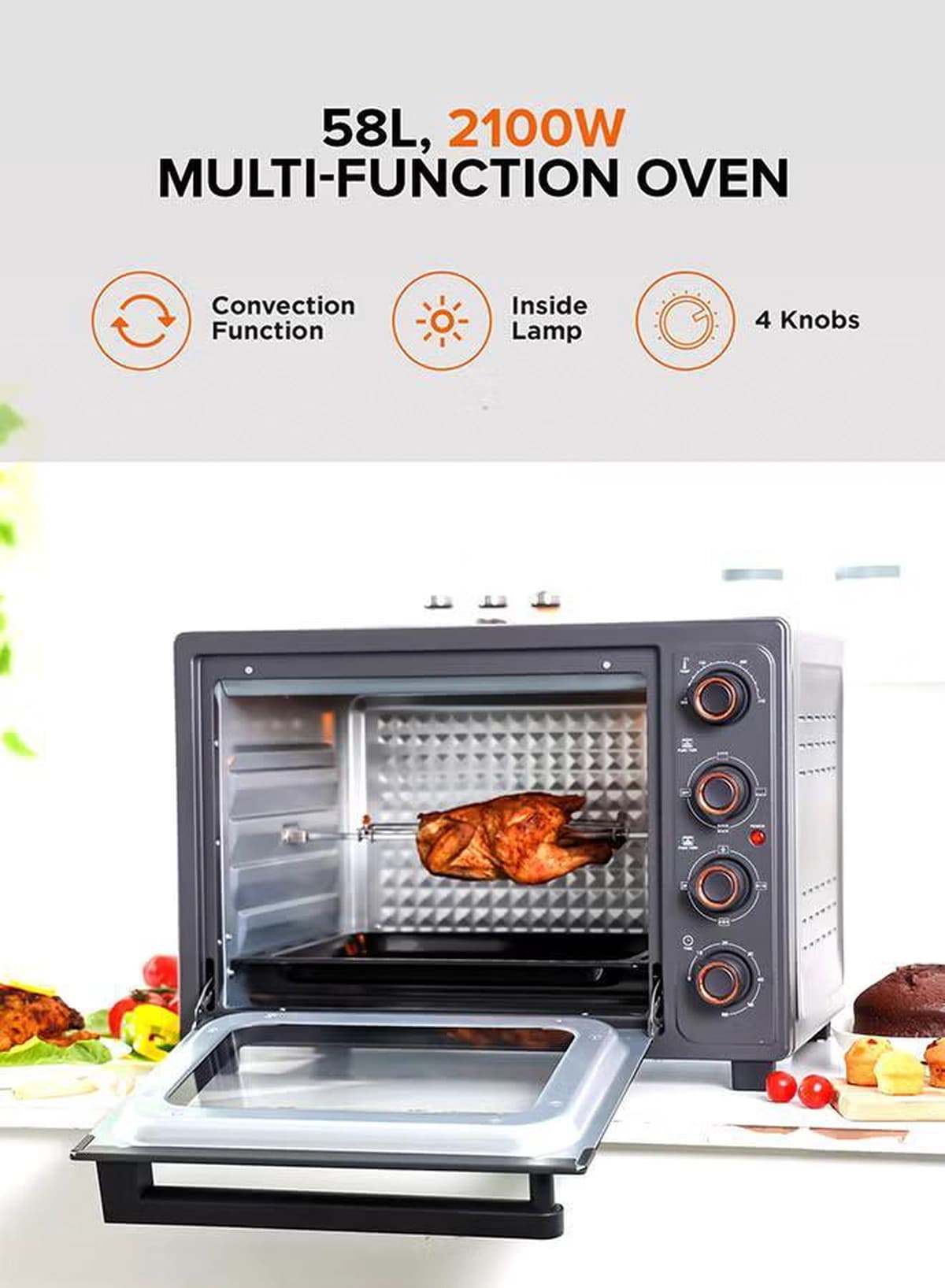 Geepas 58 L Electric Oven 2100 W | With Rotisserie, Convection Functions and Inner Lamp| Easy to Use Control Knobs, 2 Switch Heating Selector, Adjustable Temperature| Perfect for Baking, Roasting, Cooking Meat, Vegetables, Cakes, Etc| 2 Years Warranty 58 L 2100 W GO34060 Black-6-6