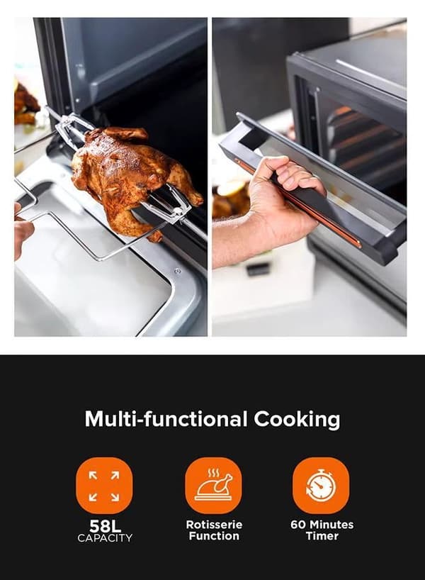 Geepas 58 L Electric Oven 2100 W | With Rotisserie, Convection Functions and Inner Lamp| Easy to Use Control Knobs, 2 Switch Heating Selector, Adjustable Temperature| Perfect for Baking, Roasting, Cooking Meat, Vegetables, Cakes, Etc| 2 Years Warranty 58 L 2100 W GO34060 Black