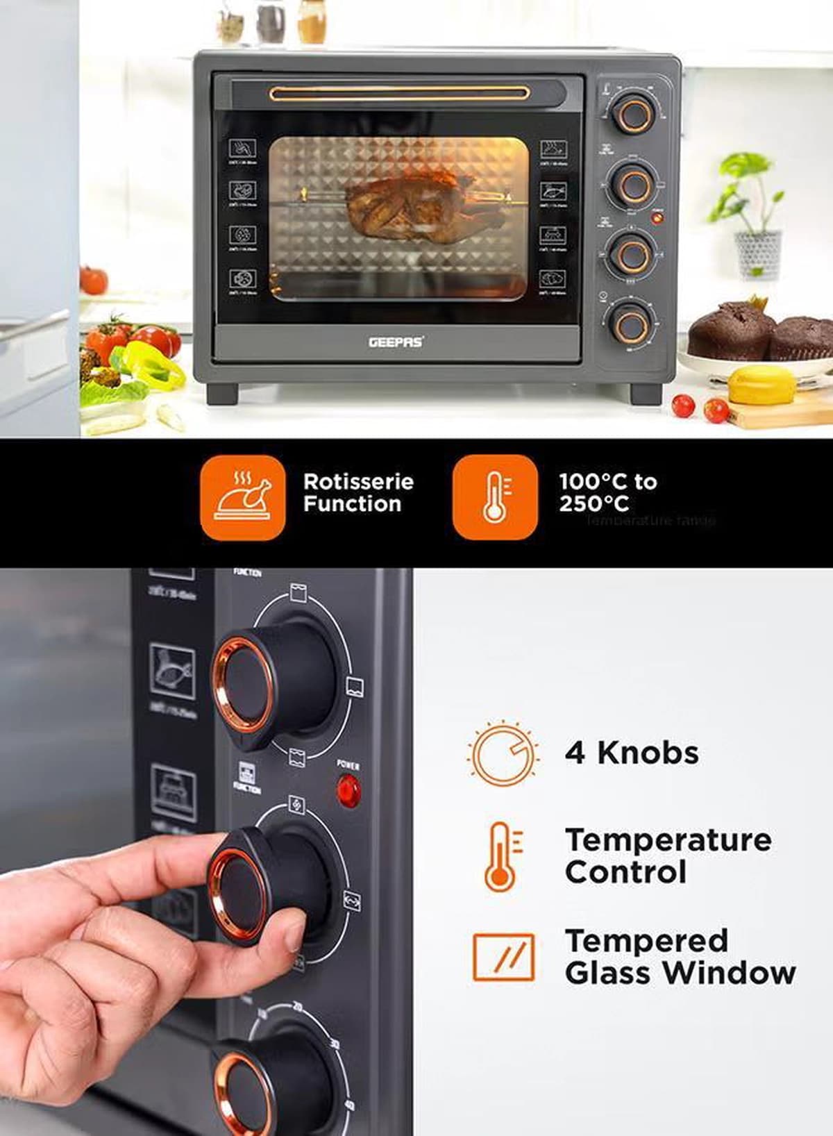 Geepas 58 L Electric Oven 2100 W | With Rotisserie, Convection Functions and Inner Lamp| Easy to Use Control Knobs, 2 Switch Heating Selector, Adjustable Temperature| Perfect for Baking, Roasting, Cooking Meat, Vegetables, Cakes, Etc| 2 Years Warranty 58 L 2100 W GO34060 Black-1-1